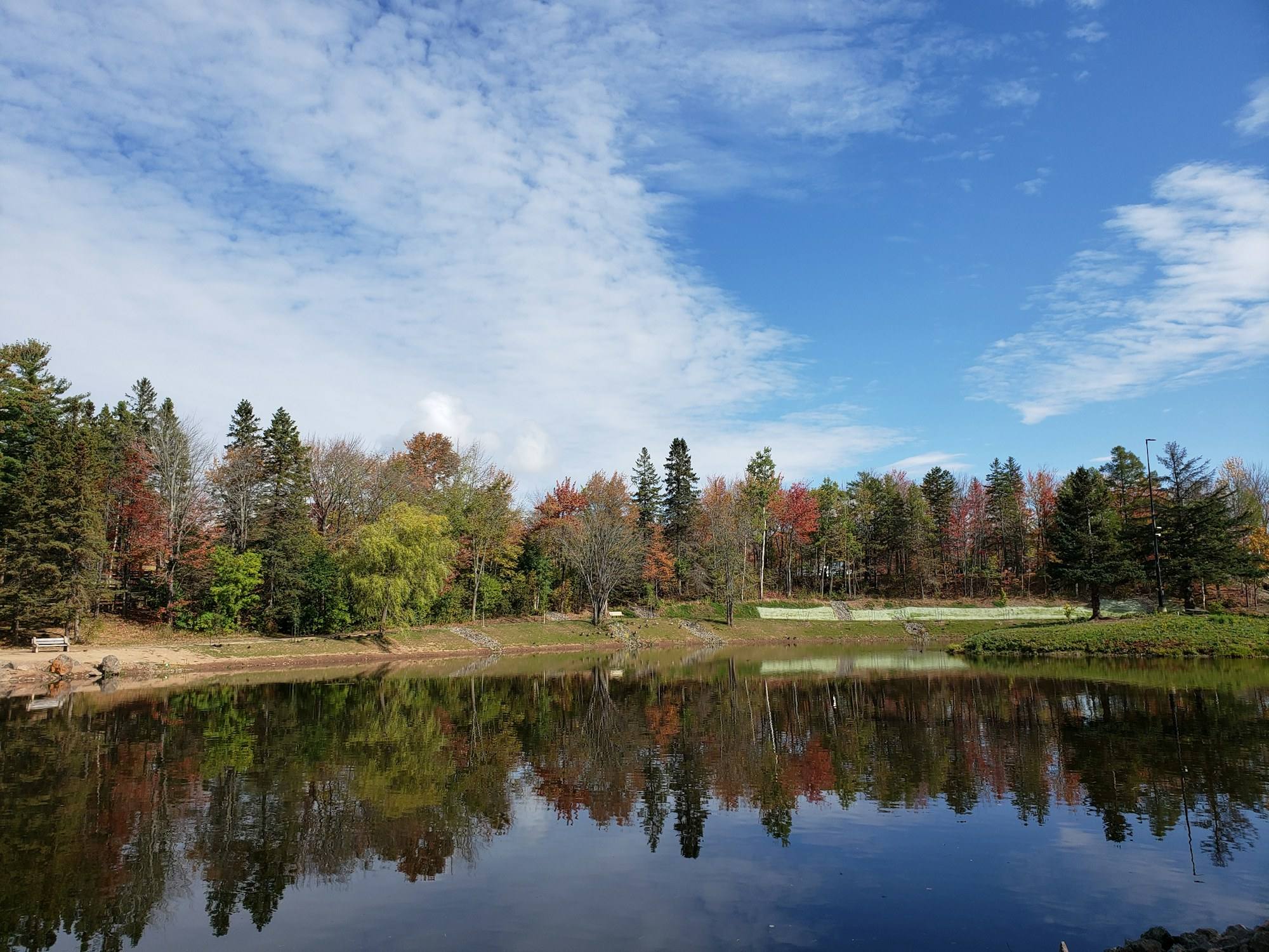 Autumn trees reflected in a quiet river near Saint John